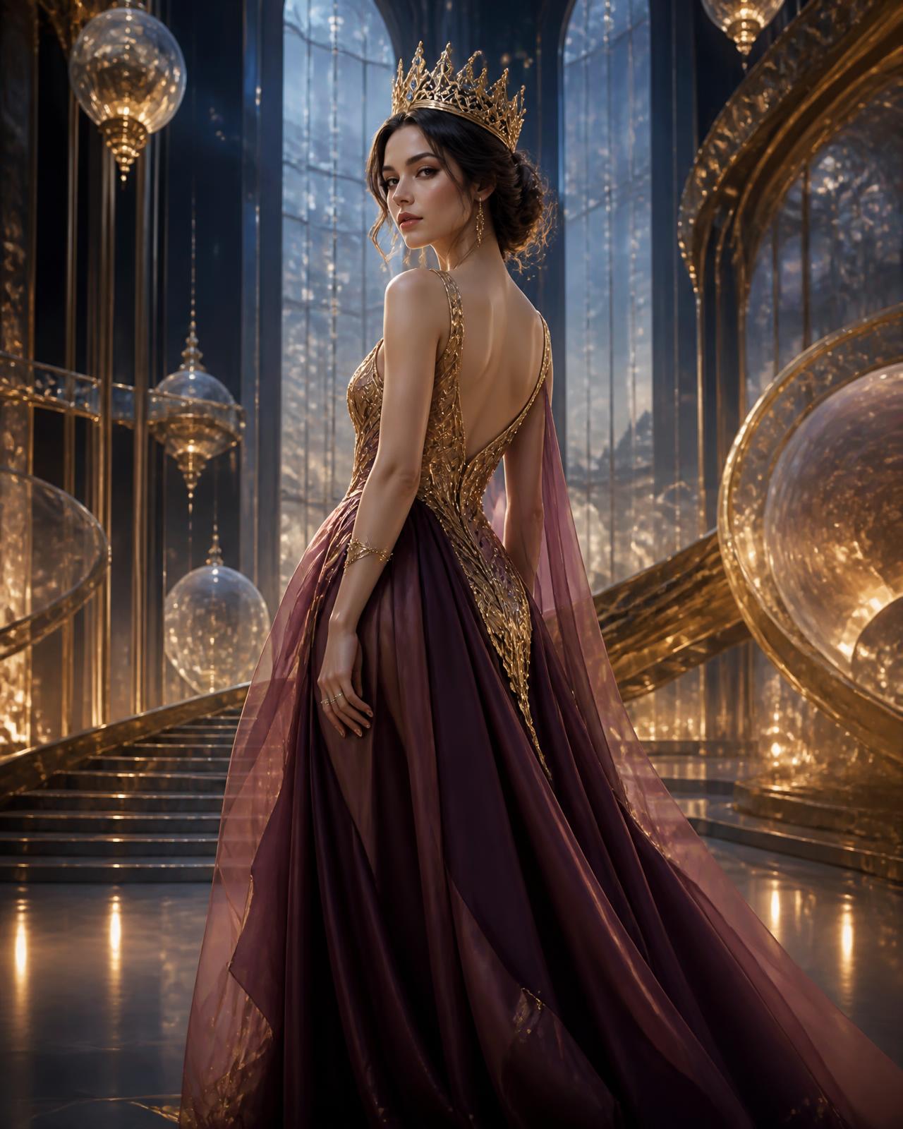 A modern queen wearing a golden crown inside a luminous glass palace